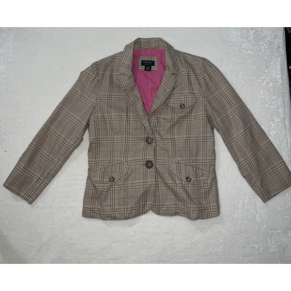 American Eagle Tan Plaid Blazer Jacket Pink Lining Womens Medium Cotton Preppy